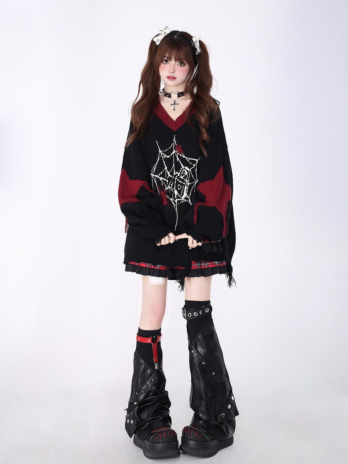 Crazy Girl Black Red V-neck Oversized Streetwear Knit Women&