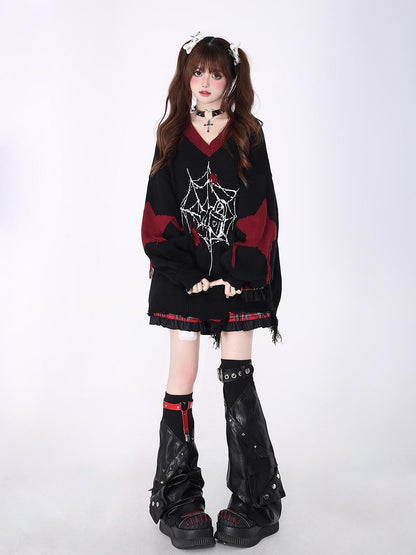 Crazy Girl Black Red V-neck Oversized Streetwear Knit Women&
