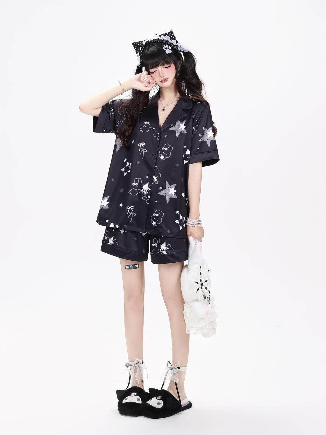 Crazy Girl Black White Bunny Printed Short Sleeve Women&