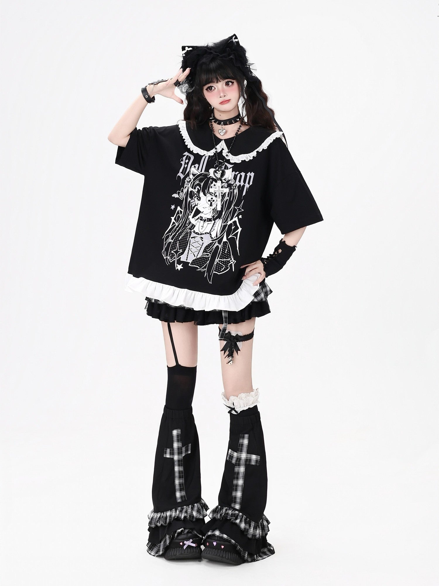 Crazy Girl Black White Check Patchwork Cross Women&