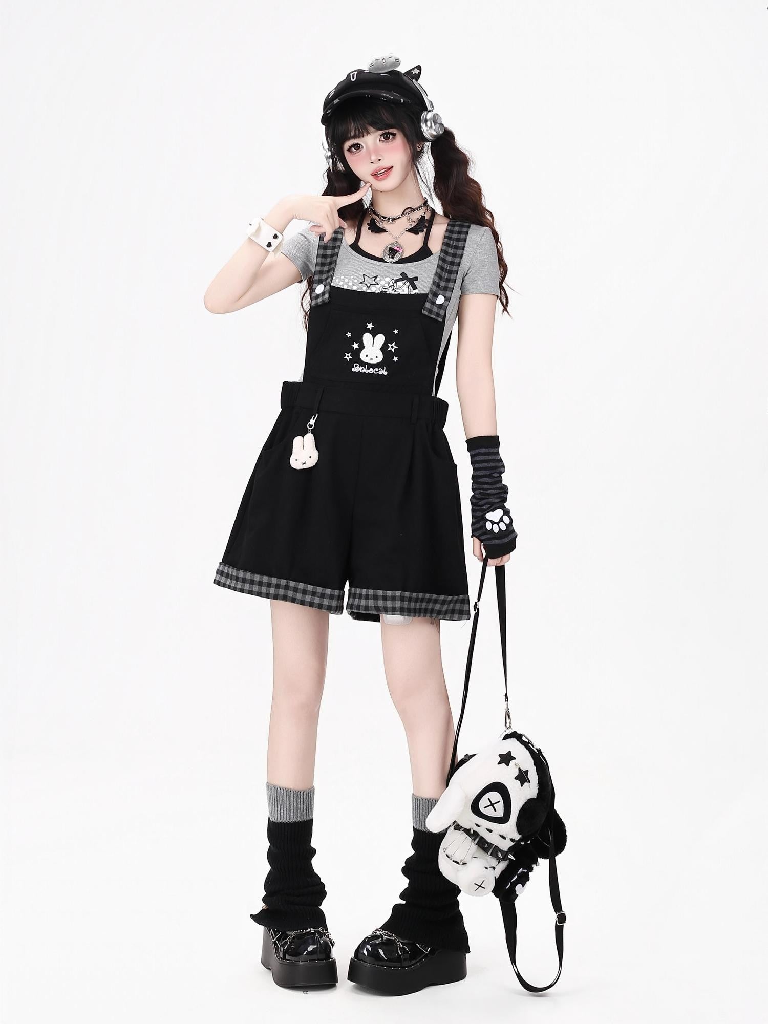 Crazy Girl Black White Check Rabbit Embroidered Loose Suspender Women&
