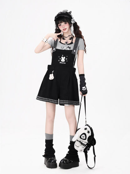 Crazy Girl Black White Check Rabbit Embroidered Loose Suspender Women&