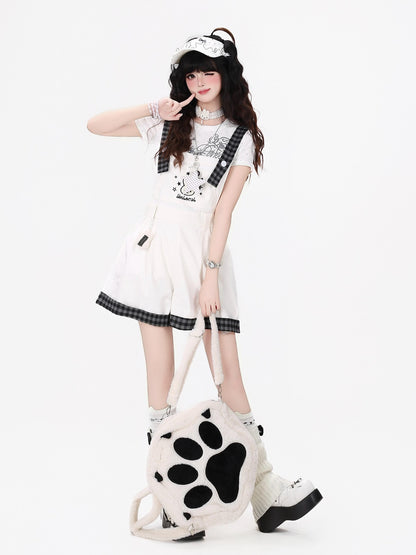 Crazy Girl Black White Check Rabbit Embroidered Loose Suspender Women&