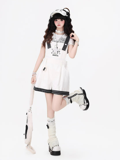Crazy Girl Black White Check Rabbit Embroidered Loose Suspender Women&