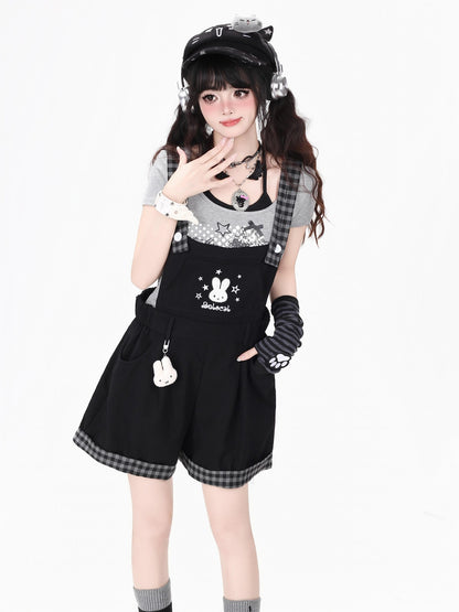 Crazy Girl Black White Check Rabbit Embroidered Loose Suspender Women&