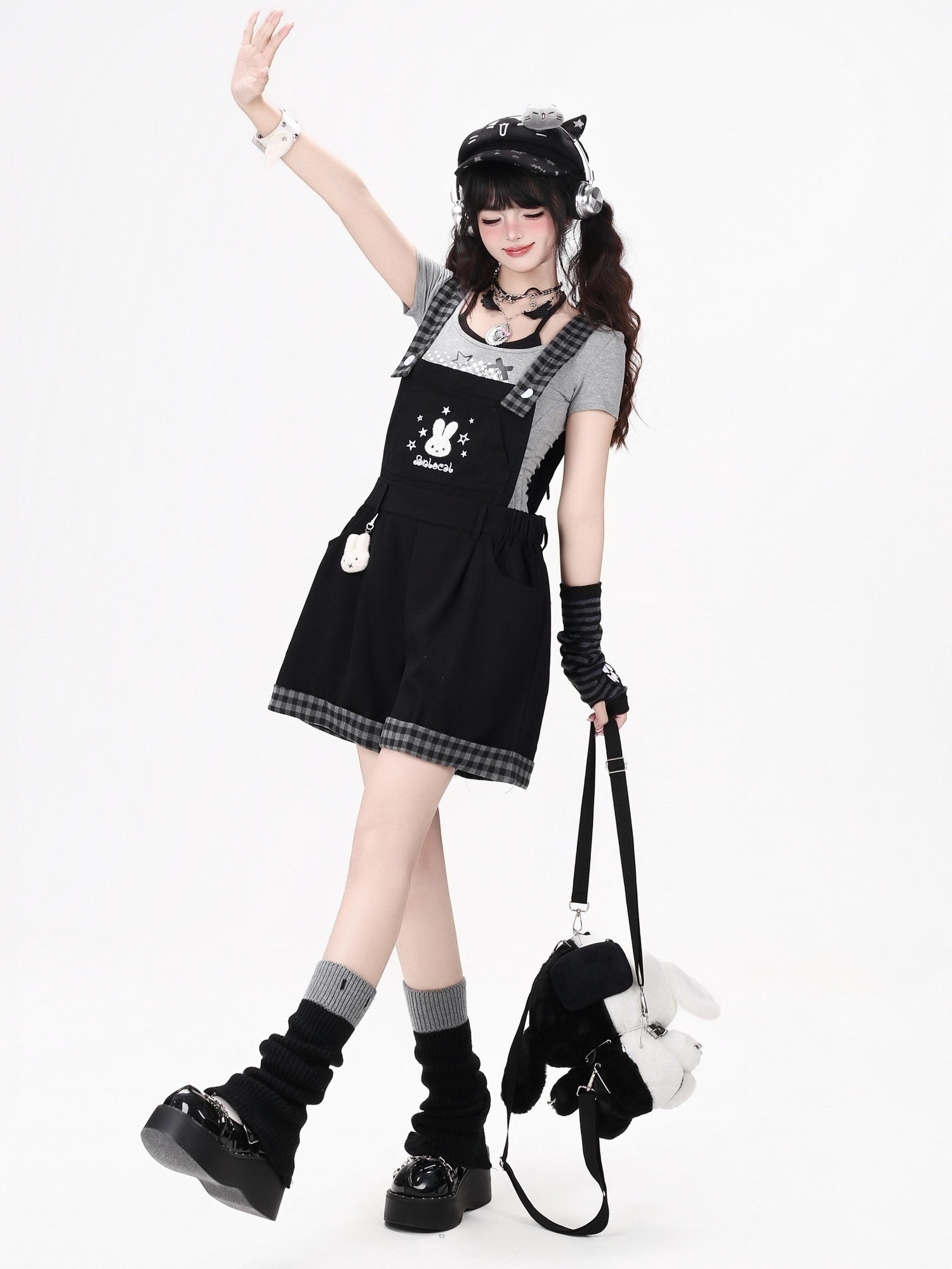 Crazy Girl Black White Check Rabbit Embroidered Loose Suspender Women&