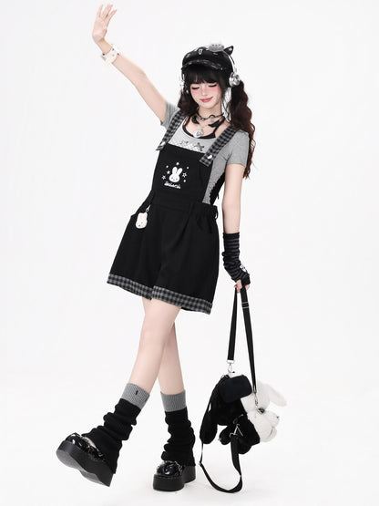 Crazy Girl Black White Check Rabbit Embroidered Loose Suspender Women&