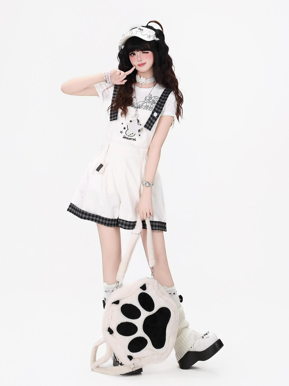 Crazy Girl Black White Check Rabbit Embroidered Loose Suspender Women&