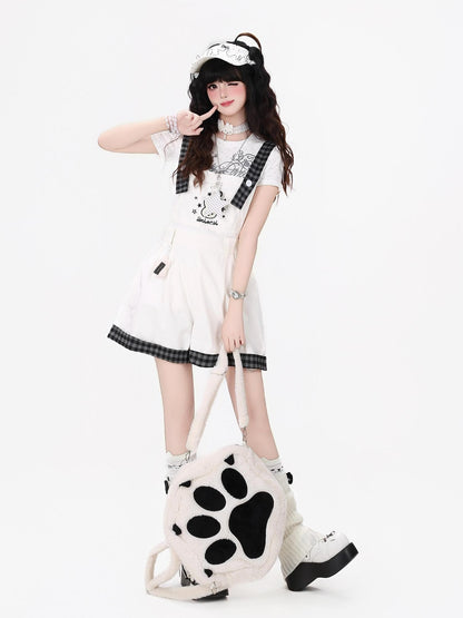 Crazy Girl Black White Check Rabbit Embroidered Loose Suspender Women&