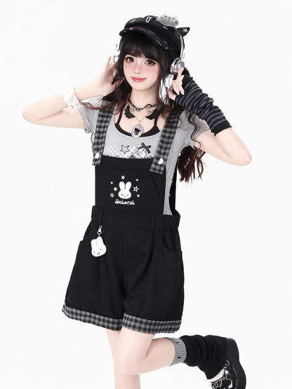 Crazy Girl Black White Check Rabbit Embroidered Loose Suspender Women&