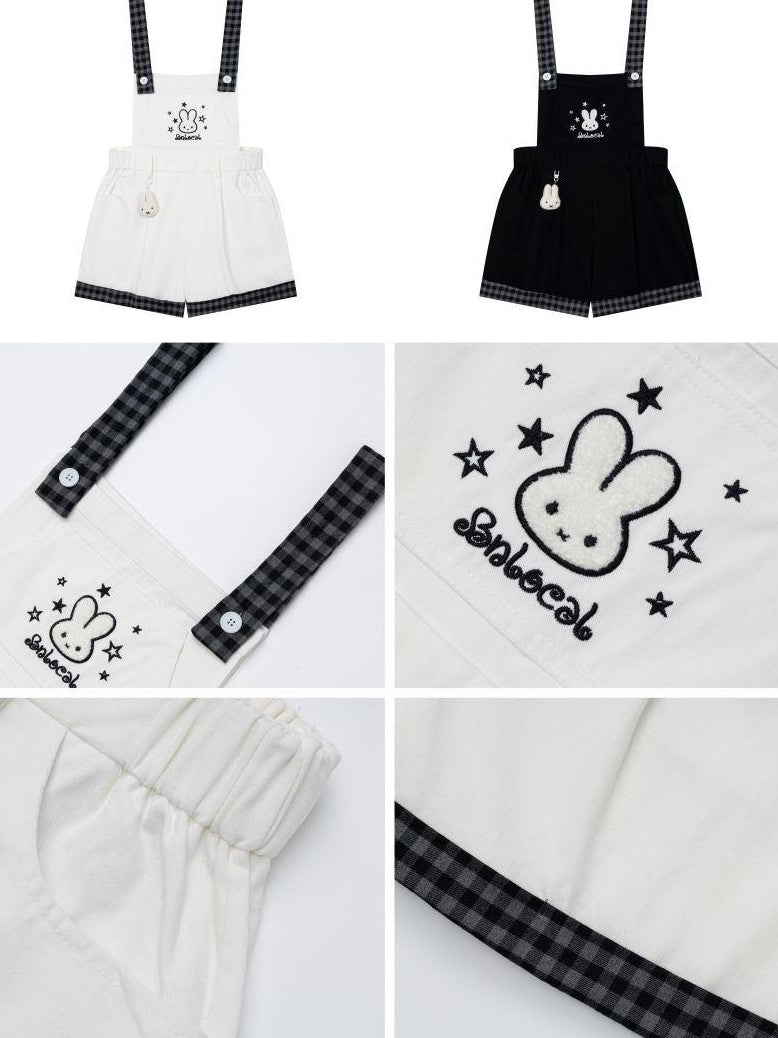 Crazy Girl Black White Check Rabbit Embroidered Loose Suspender Women&