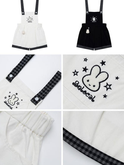 Crazy Girl Black White Check Rabbit Embroidered Loose Suspender Women&