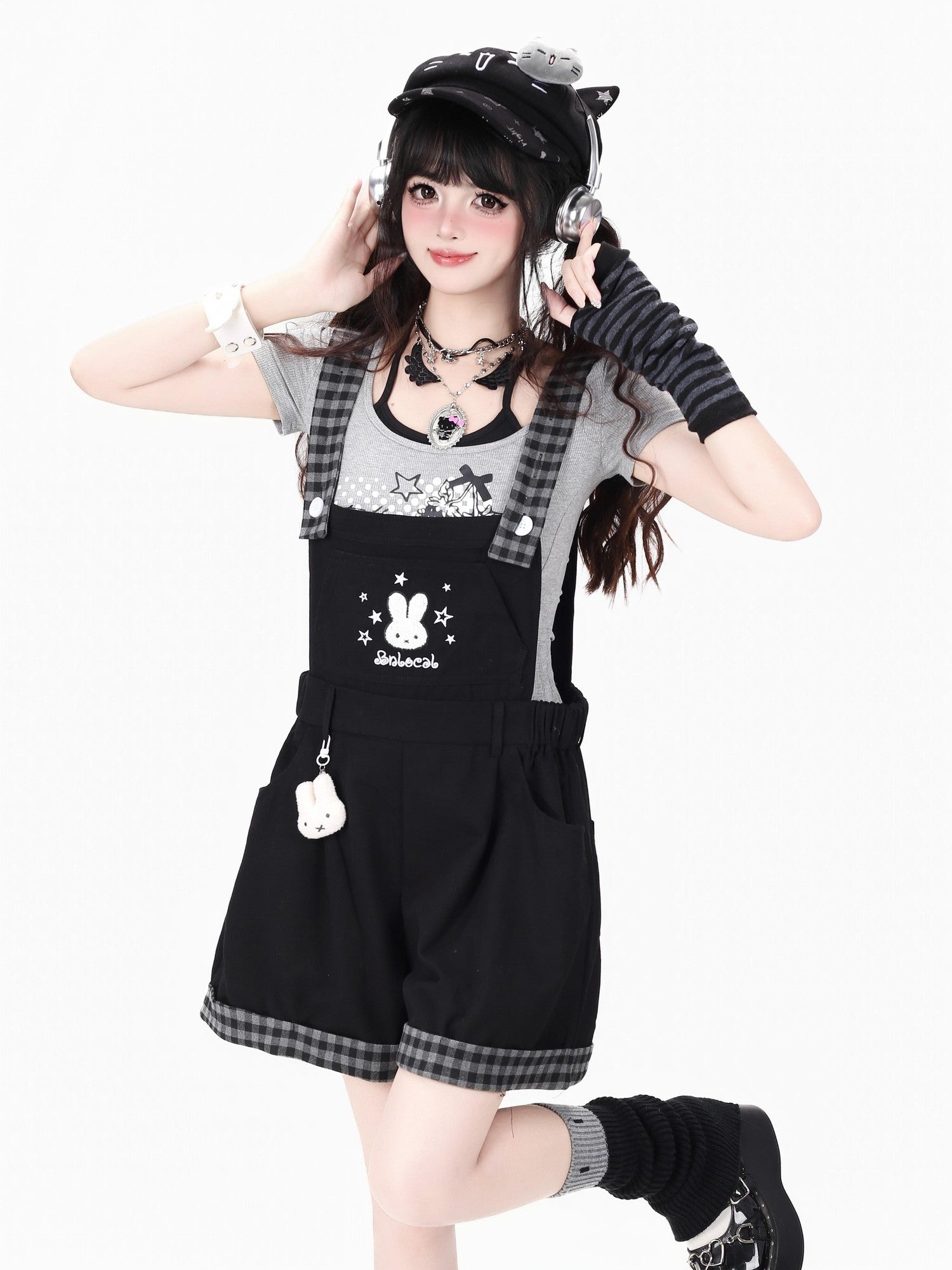 Crazy Girl Black White Check Rabbit Embroidered Loose Suspender Women&