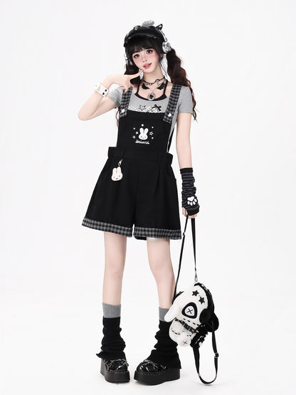 Crazy Girl Black White Check Rabbit Embroidered Loose Suspender Women&