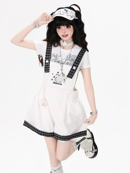 Crazy Girl Black White Check Rabbit Embroidered Loose Suspender Women&
