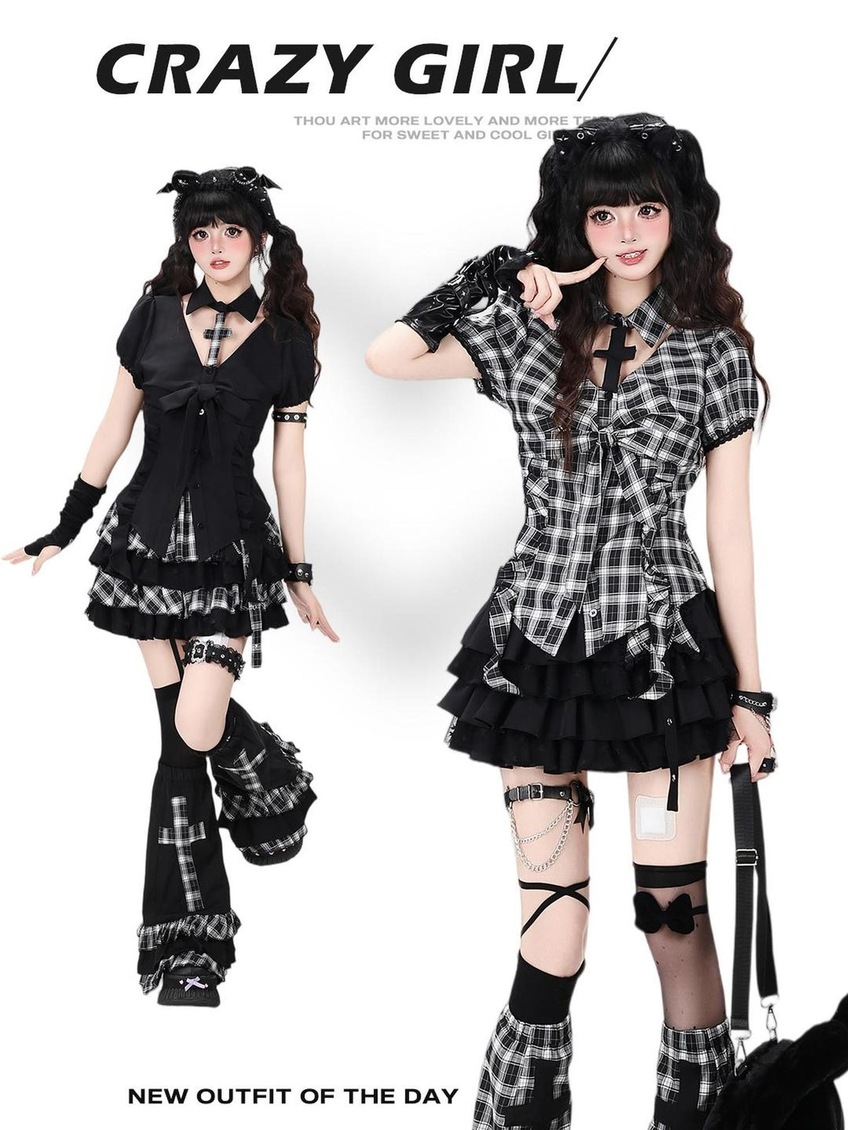 Crazy Girl Black White Checkered Puff Sleeve Slim Waist Women&