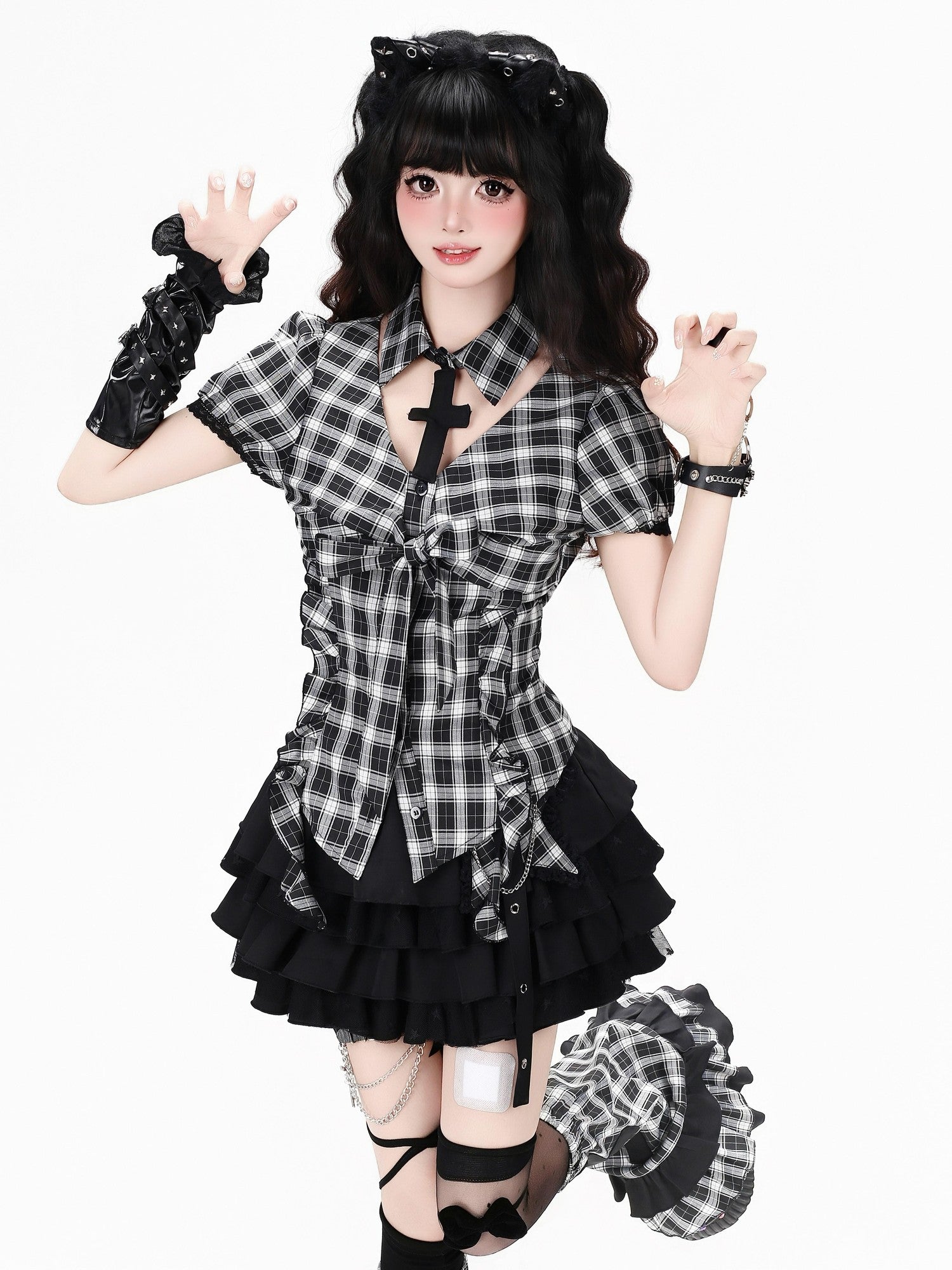 Crazy Girl Black White Checkered Puff Sleeve Slim Waist Women&