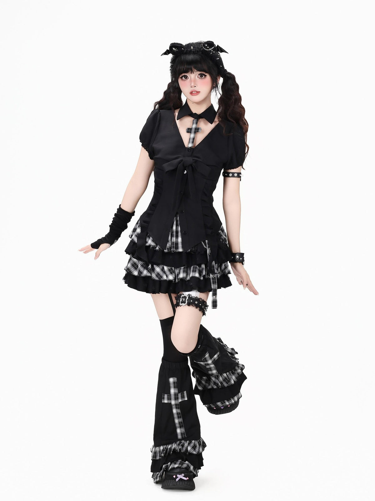 Crazy Girl Black White Checkered Puff Sleeve Slim Waist Women&