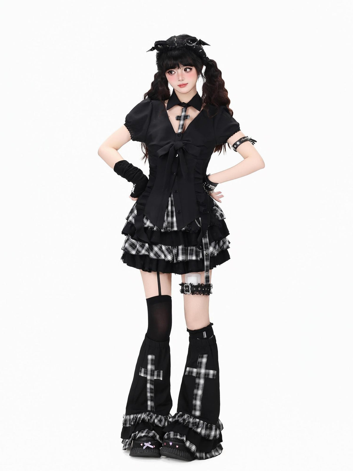 Crazy Girl Black White Checkered Puff Sleeve Slim Waist Women&
