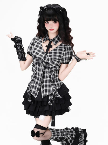 Crazy Girl Black White Checkered Puff Sleeve Slim Waist Women&