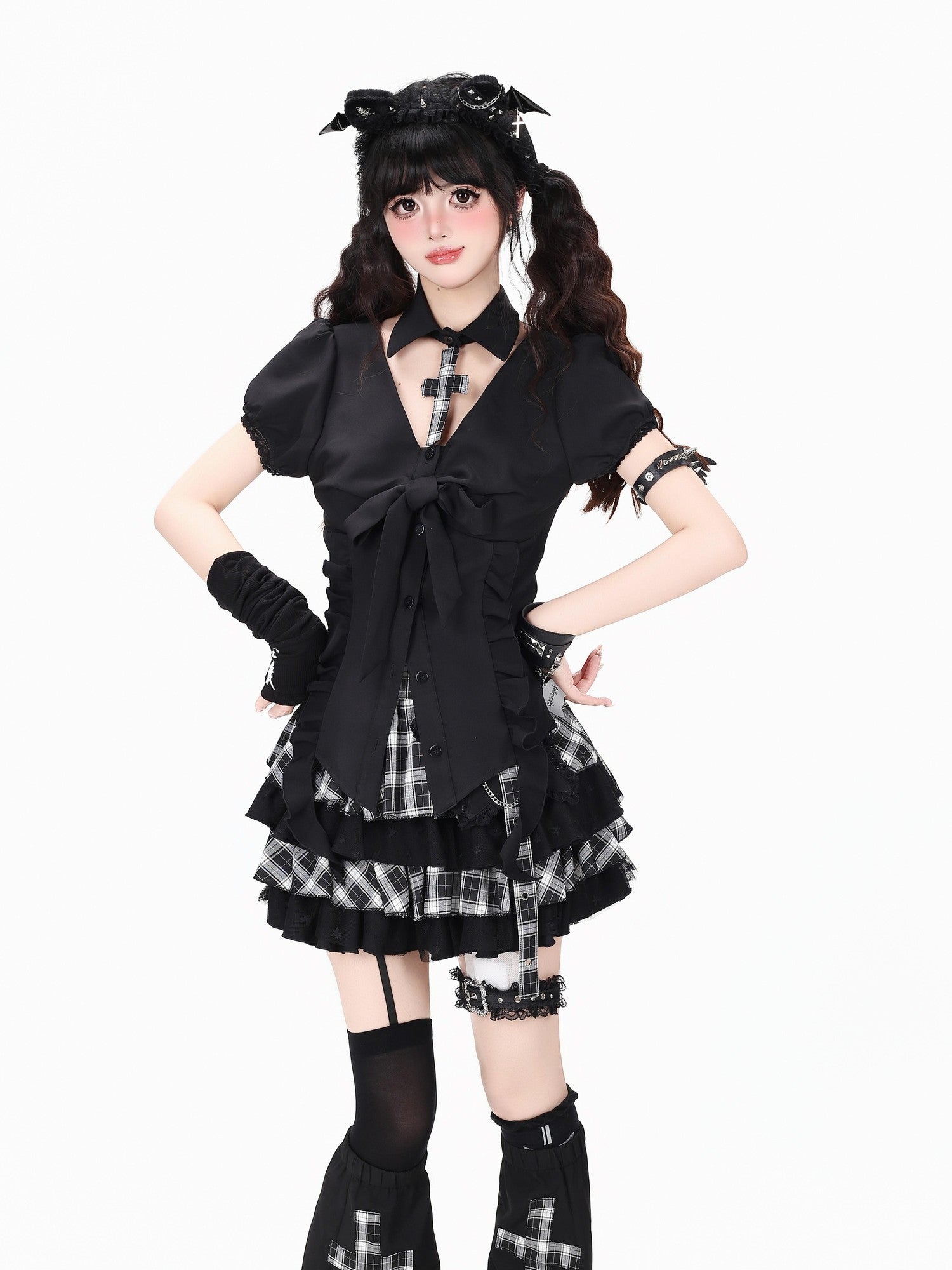 Crazy Girl Black White Checkered Puff Sleeve Slim Waist Women&