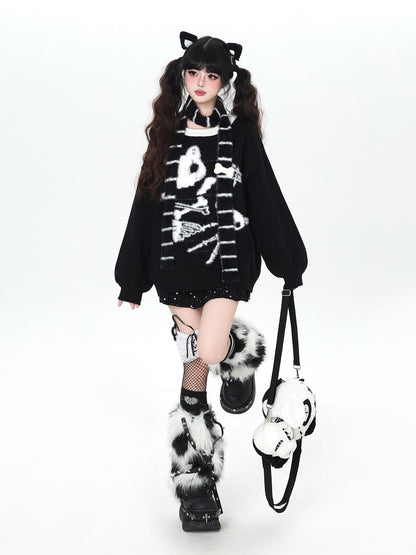 Crazy Girl Black White Kitten Oversized Round Neck Women&