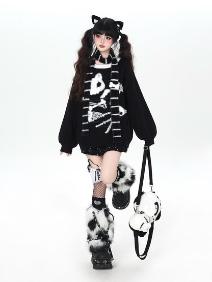 Crazy Girl Black White Kitten Oversized Round Neck Women&