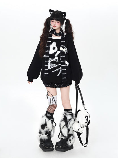 Crazy Girl Black White Kitten Oversized Round Neck Women&