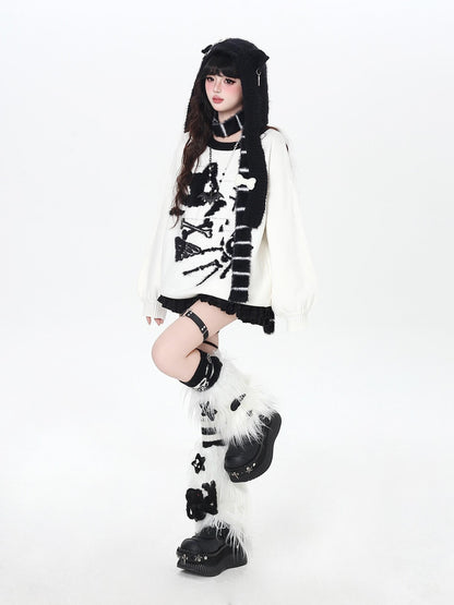 Crazy Girl Black White Kitten Oversized Round Neck Women&