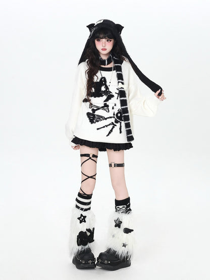 Crazy Girl Black White Kitten Oversized Round Neck Women&