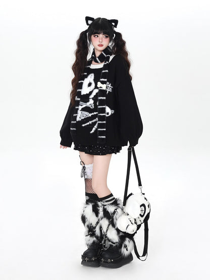 Crazy Girl Black White Kitten Oversized Round Neck Women&