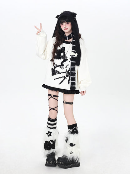 Crazy Girl Black White Kitten Oversized Round Neck Women&