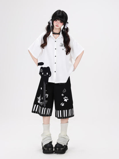 Crazy Girl Black White Kitten Print Collared Women&