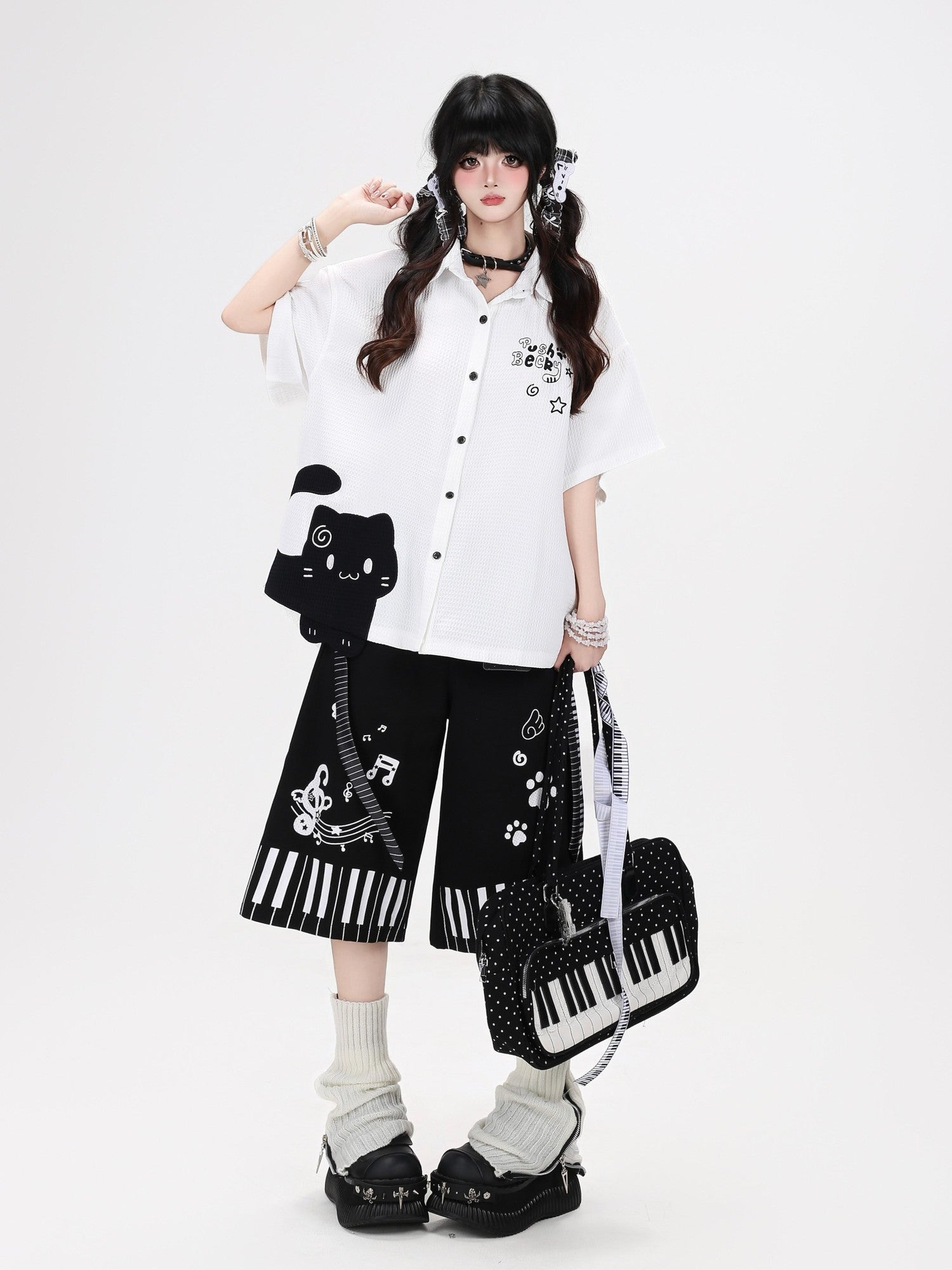 Crazy Girl Black White Kitten Print Collared Women&