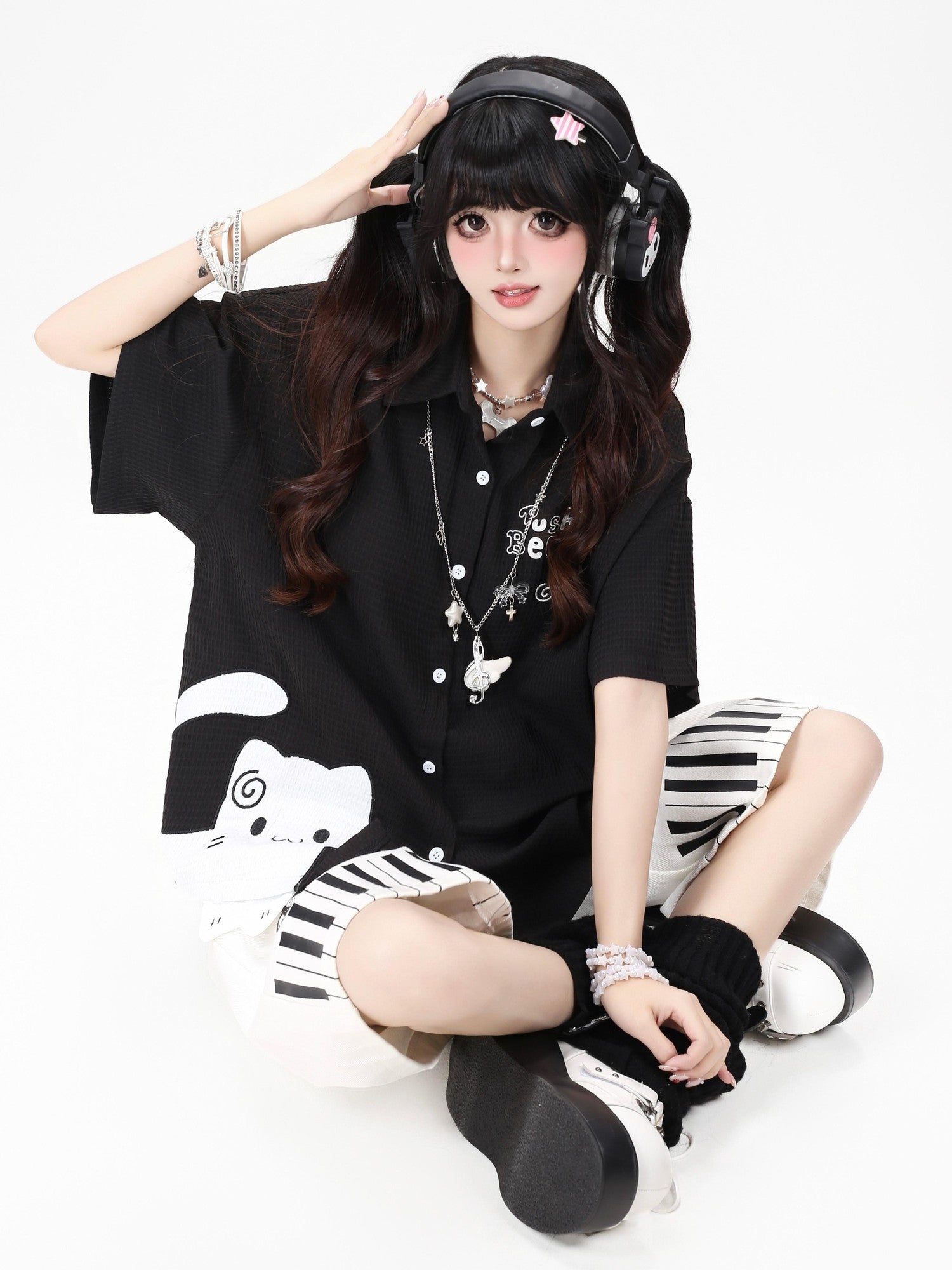 Crazy Girl Black White Kitten Print Collared Women&