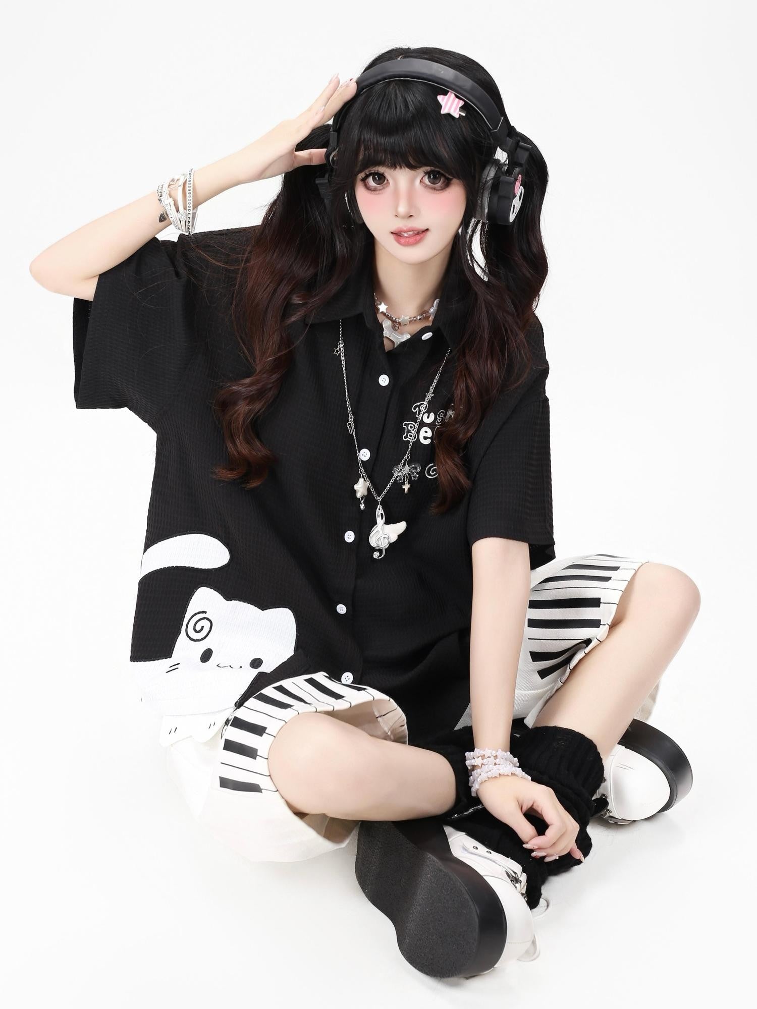 Crazy Girl Black White Kitten Print Collared Women&