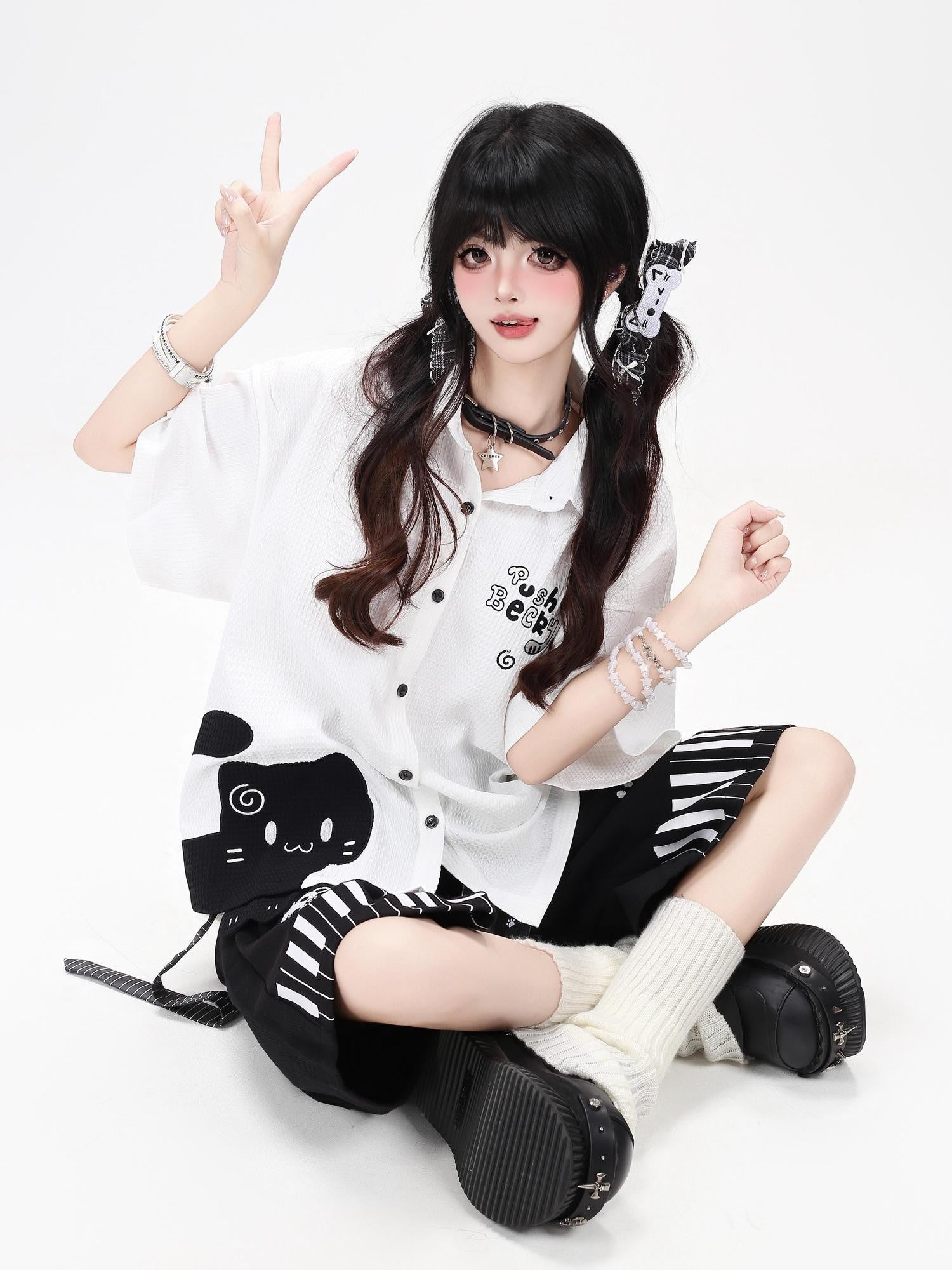 Crazy Girl Black White Kitten Print Collared Women&