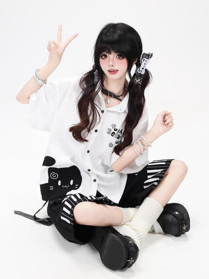 Crazy Girl Black White Kitten Print Collared Women&