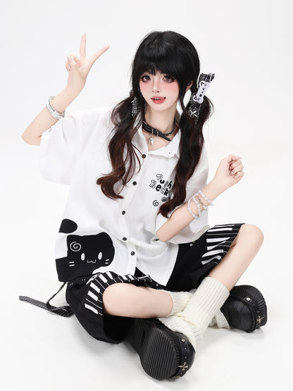Crazy Girl Black White Kitten Print Collared Women&