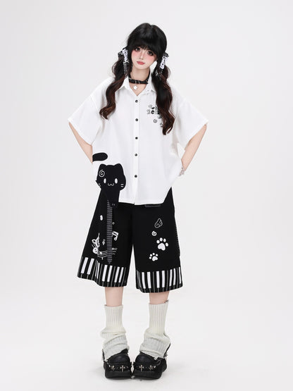 Crazy Girl Black White Kitten Print Collared Women&