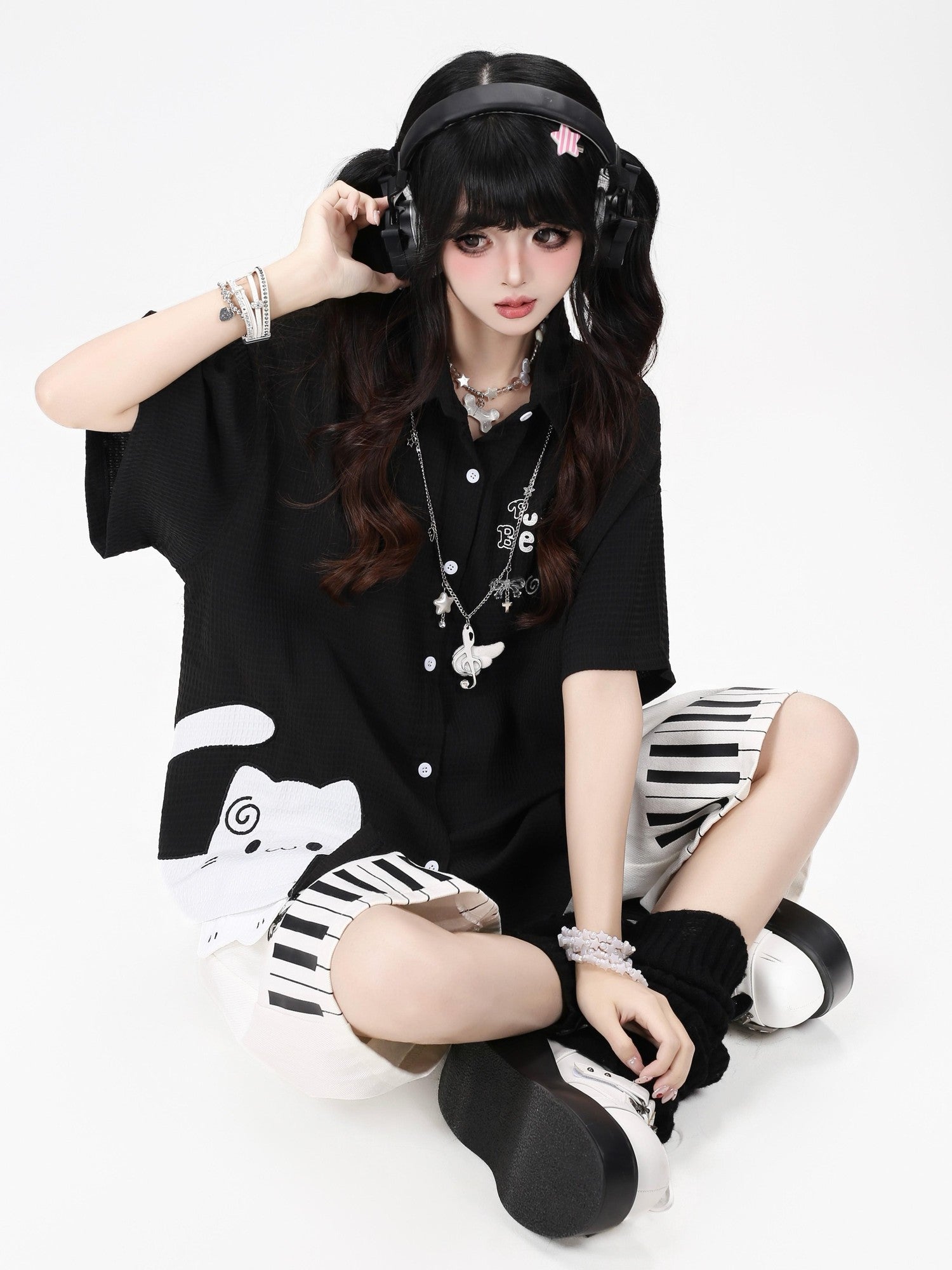 Crazy Girl Black White Kitten Print Collared Women&