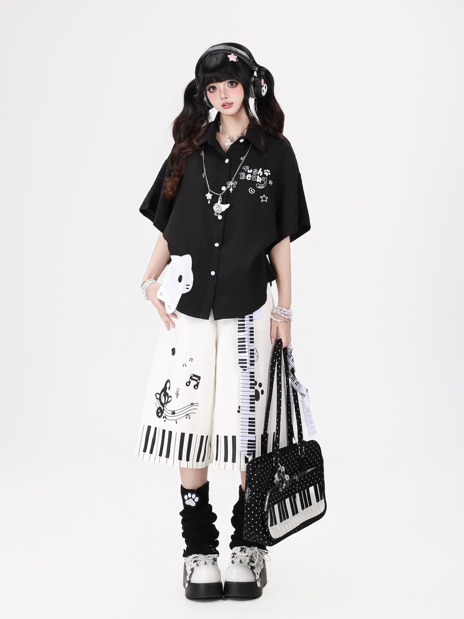 Crazy Girl Black White Kitten Print Collared Women&