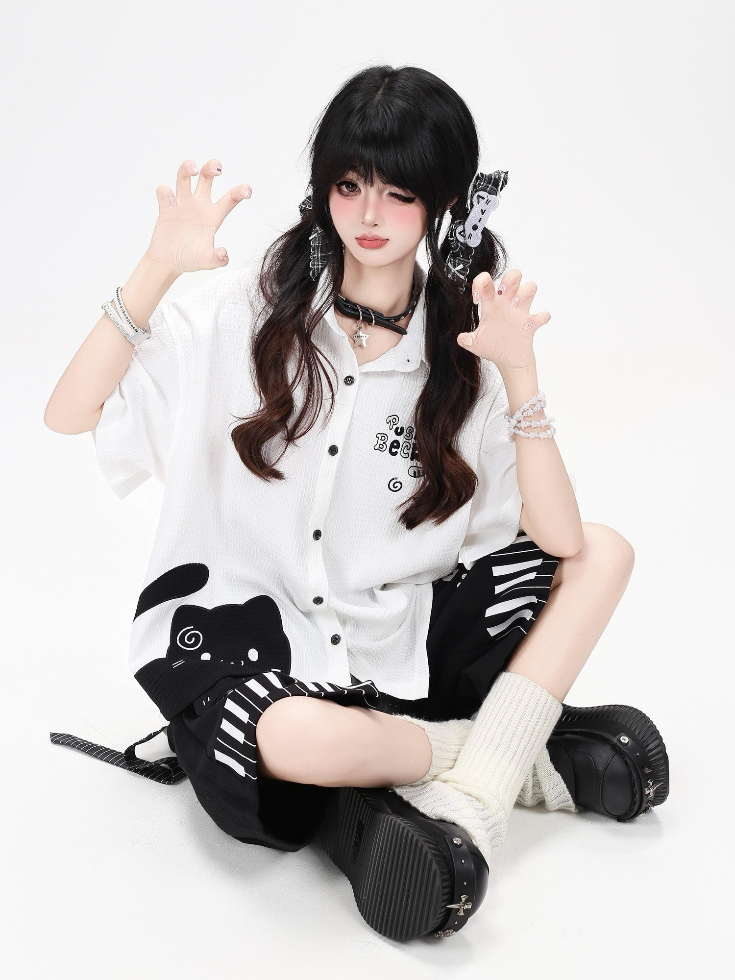 Crazy Girl Black White Kitten Print Collared Women&