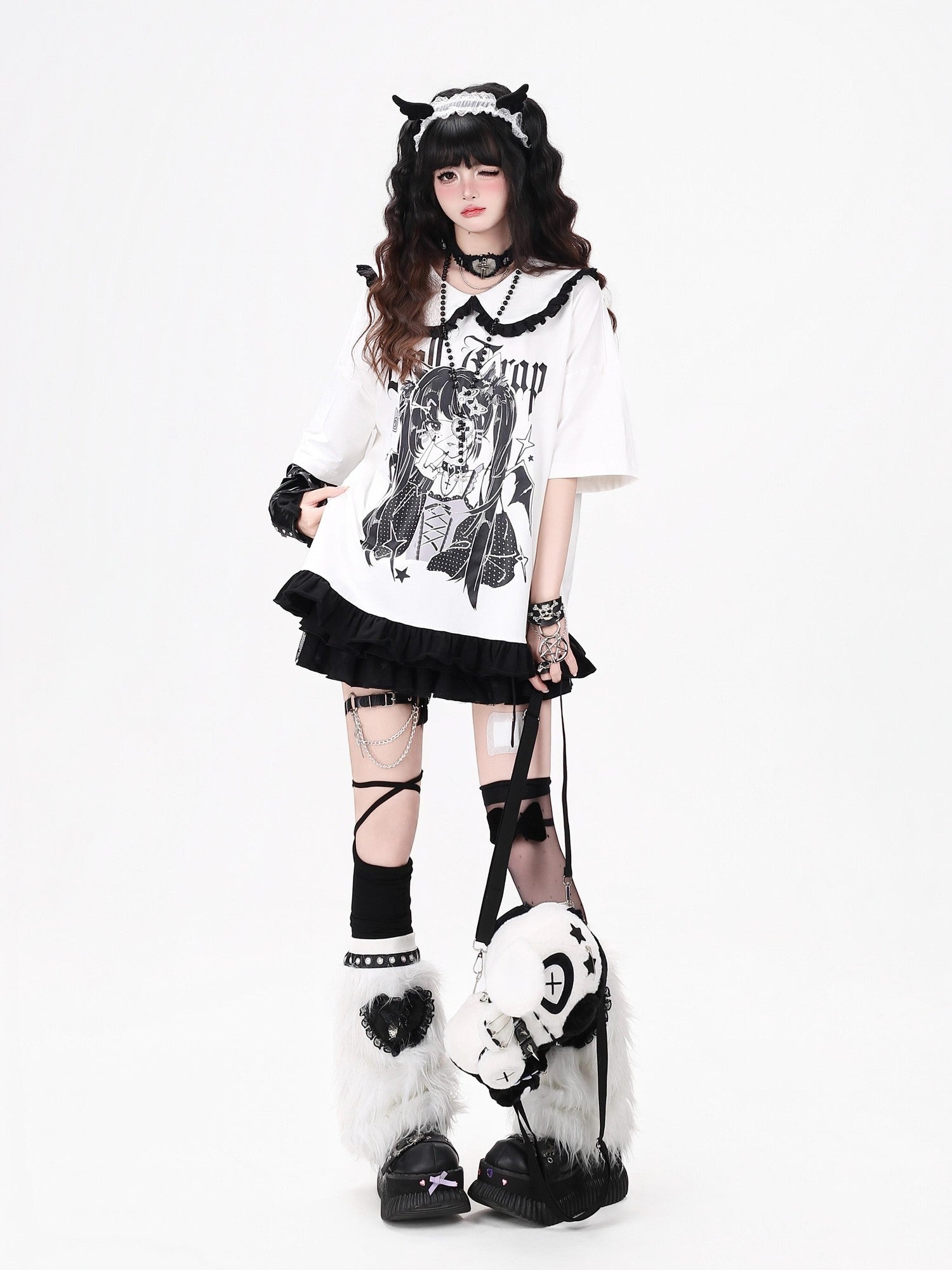 Crazy Girl Black White Patchwork Cartoon Dark Girl Women&
