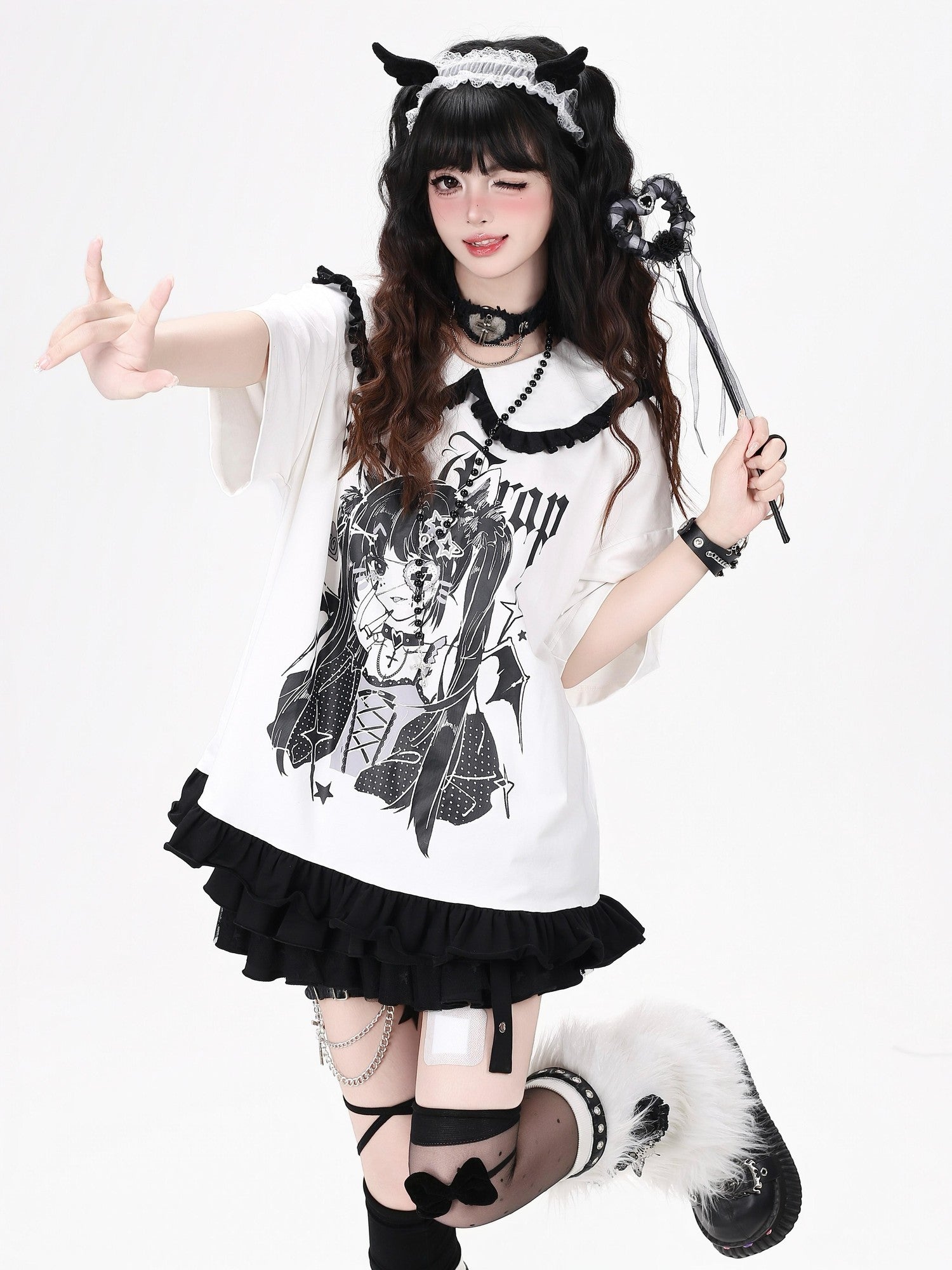 Crazy Girl Black White Patchwork Cartoon Dark Girl Women&