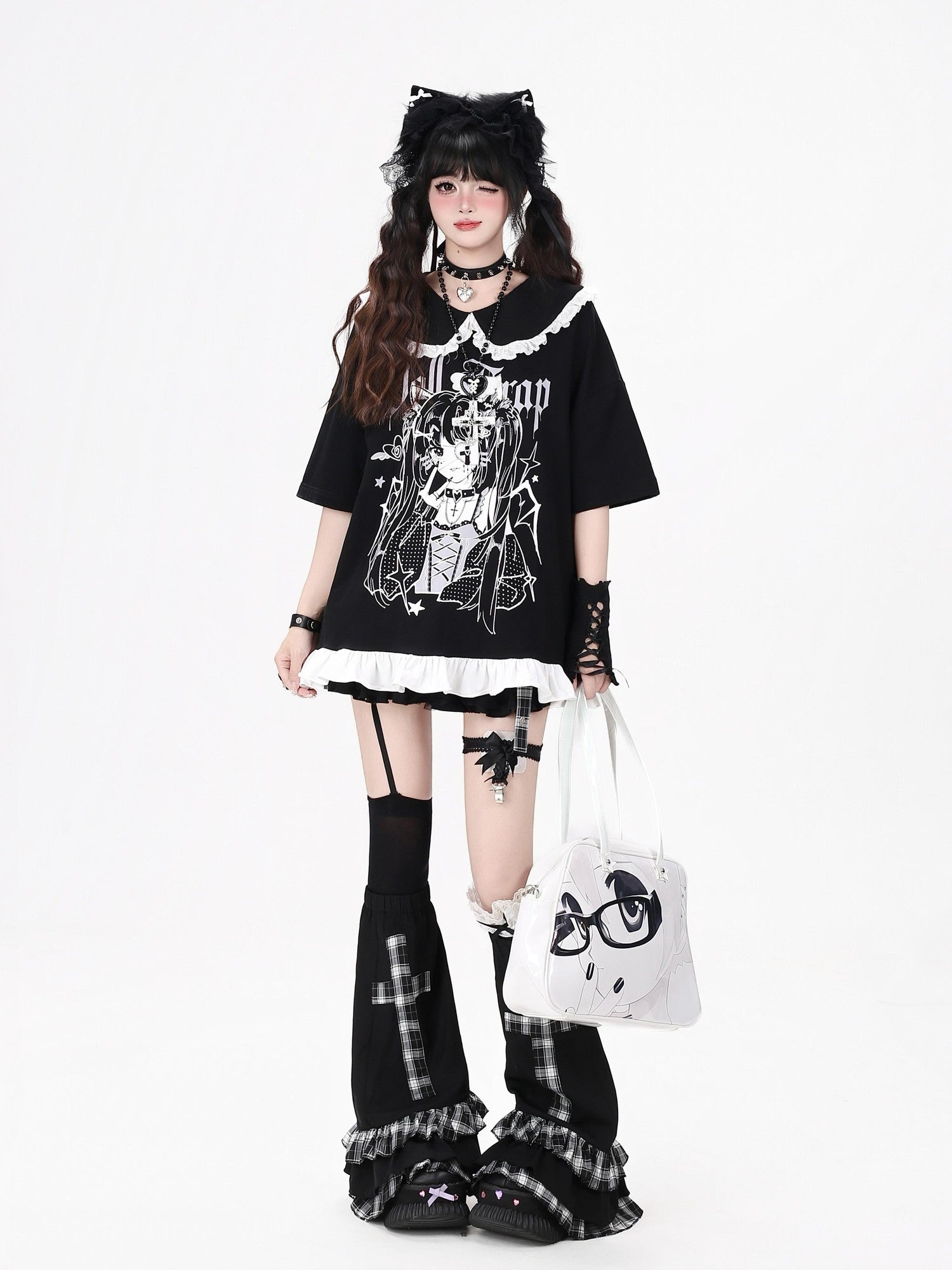 Crazy Girl Black White Patchwork Cartoon Dark Girl Women&