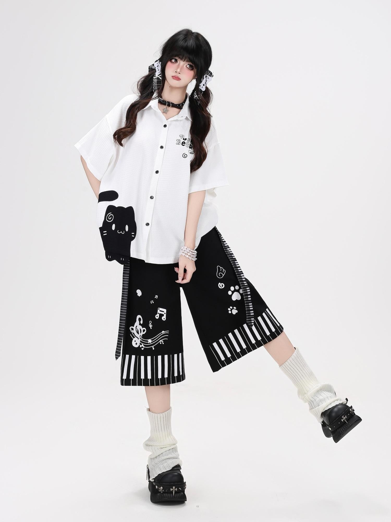 Crazy Girl Black White Piano Cat Print High Waist Wide Leg Loose Women&