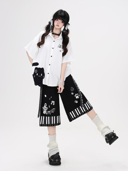 Crazy Girl Black White Piano Cat Print High Waist Wide Leg Loose Women&