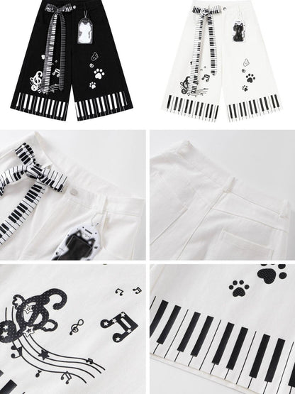 Crazy Girl Black White Piano Cat Print High Waist Wide Leg Loose Women&
