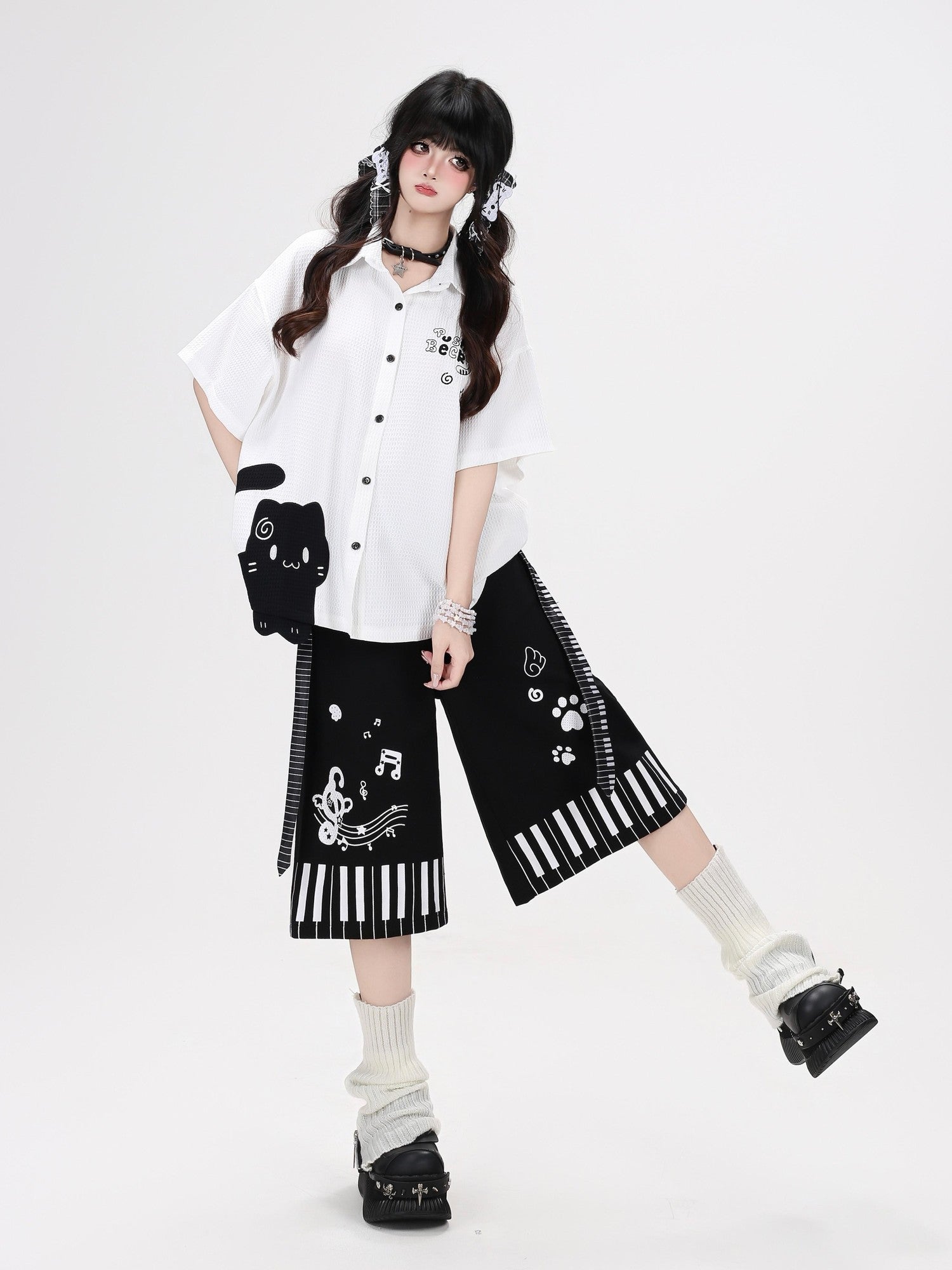 Crazy Girl Black White Piano Cat Print High Waist Wide Leg Loose Women&